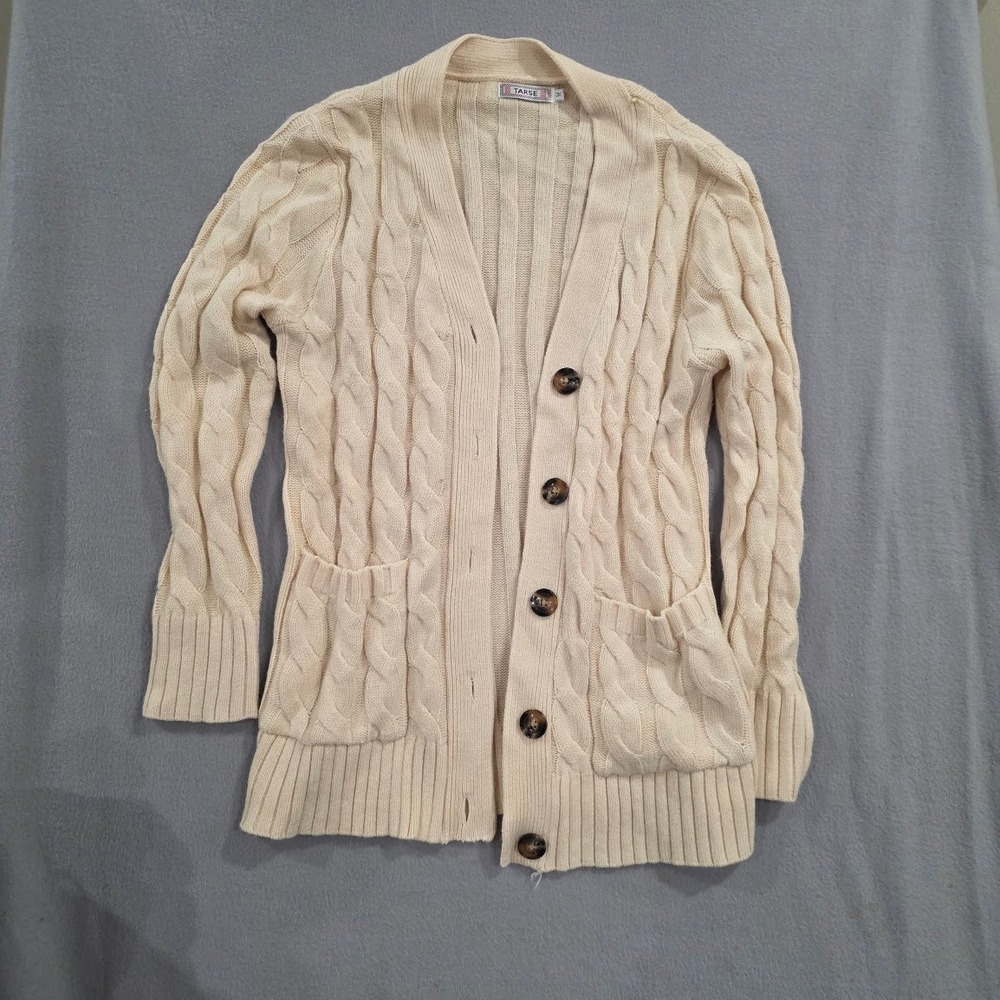 TARSE Cream Cable Knit Cardigan Sweater Womens Medium Button Front Pocket Beige